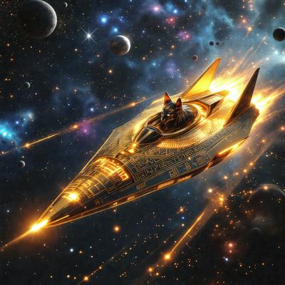 The primary subject of the image is a futuristic spacecraft, which appears to be a gold and black fighter jet. The spacecraft is flying through a vibrant and colorful space filled with stars and planets. The setting is a celestial environment, and the visual style is a digital art or illustration. The colors and mood of the image are lively and dynamic, with the gold and black spacecraft contrasting against the bright and colorful background.